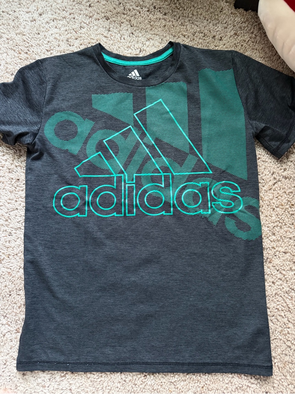 adidas Kids Dark Gray Tee with Teal Graphic